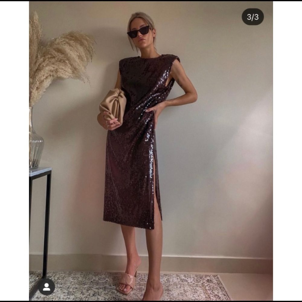 ZARA STRAIGHT CUT SEQUIN DARK BROWN DRESS